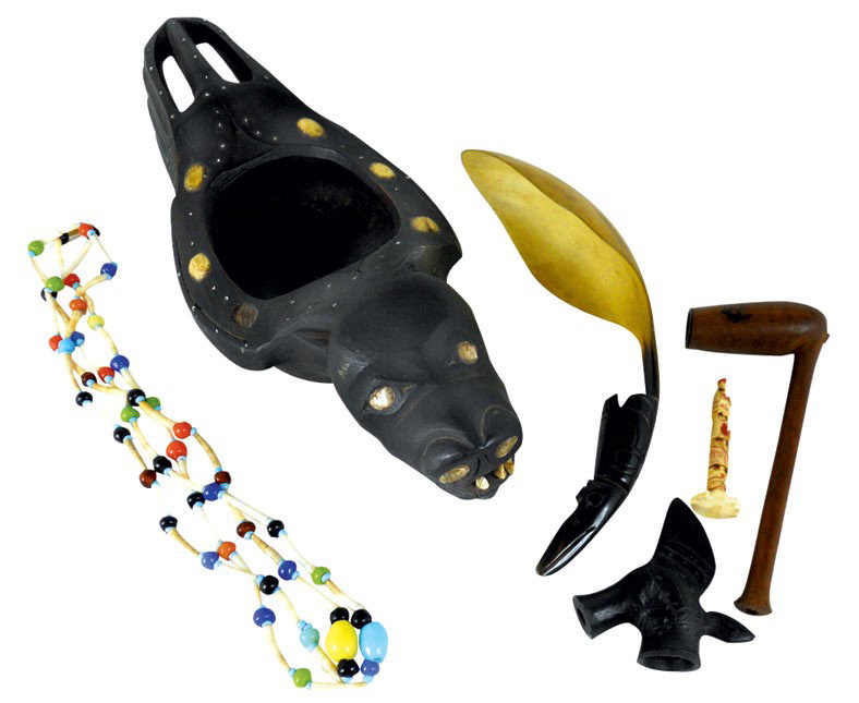 Northwest Indian items (6), carved wooden animal : Northwest Indian items (6), carved wooden animal bowl, 1 pc spoon w/carved bird handle, wooden pipe, carved stone pipe bowl, beaded necklace & mini totem pole, animal bowl missing one stone & 15"L, o/