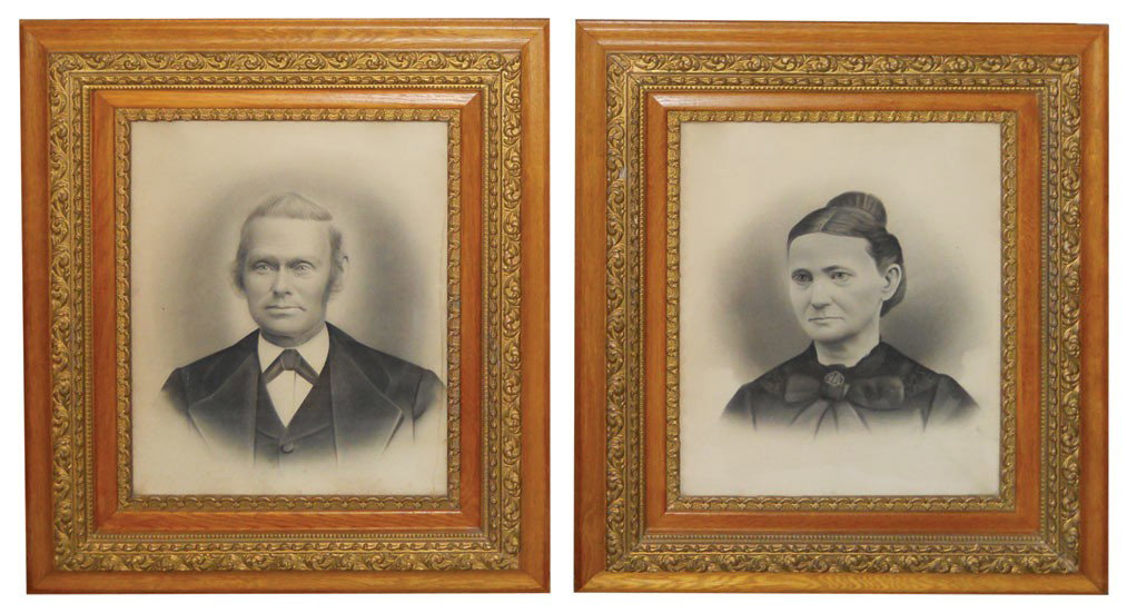 Victorian picture frames w/Victorian couple, matc: Victorian picture frames w/Victorian couple, matched pair of ornate frames in oak w/gesso inserts, both in Exc cond & 30"H x 26"W.