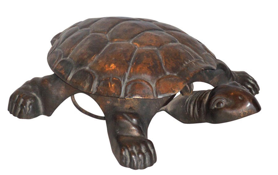 Figural spittoon, cast iron turtle w/bronze washe: Figural spittoon, cast iron turtle w/bronze washed formed tin shell, orig receiver, patd 1890's-Chicago, VG cond, 4"H x 14"L.