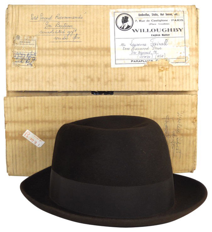 Hats (2), Finest Quality Real Fur hats by Willoug: Hats (2), Finest Quality Real Fur hats by Willoughby Hatter, Paris, in orig shipping boxes, pheasant feathers in separate bag in one box, Exc cond, boxes are 6"H x 13.5"W x 12.5"D.