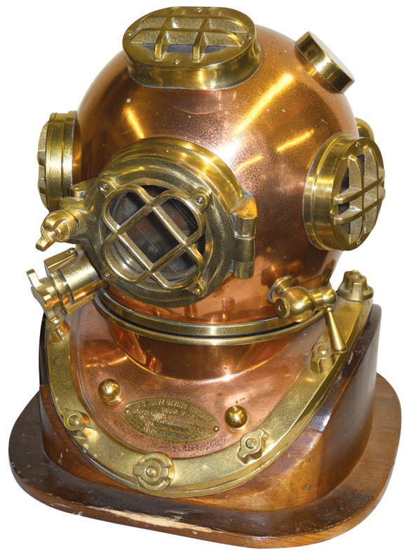 U.S. Navy Diving Helmet Mark V, copper & brass, m: U.S. Navy Diving Helmet Mark V, copper & brass, made by the Morse Diving Equipment Co.-Boston, Mass, very well made replica of the late 1800's original, sits on wood display stand, Exc cond, 19"H x 16