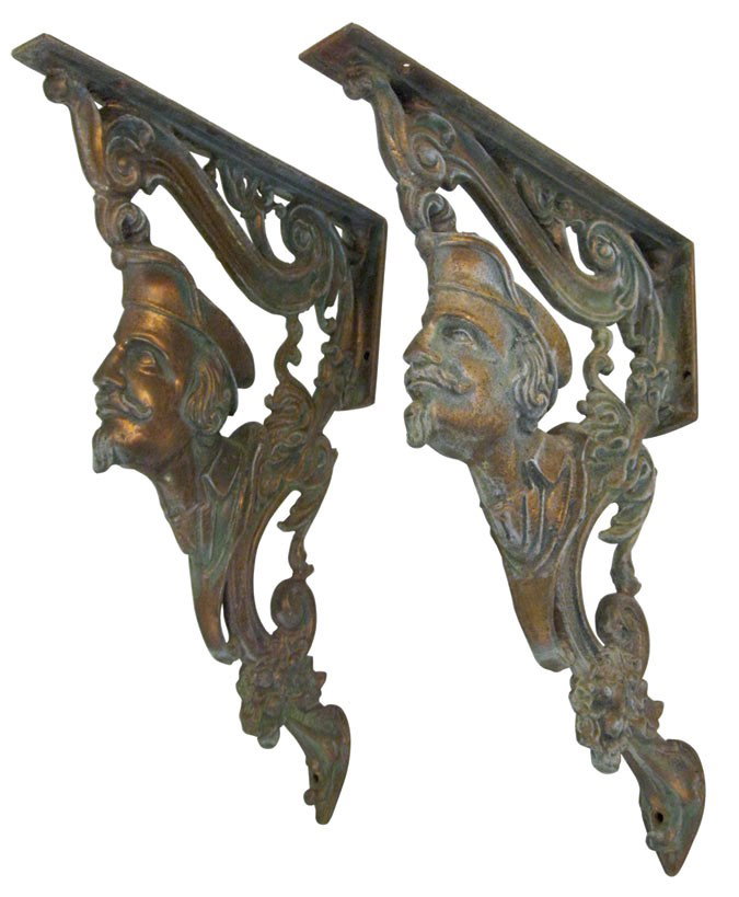 Railroad shelf brackets, cast bronze w/conductors: Railroad shelf brackets, cast bronze w/conductors head, nice detail, a great pair in Exc cond, 13.25"H x 10"D.
