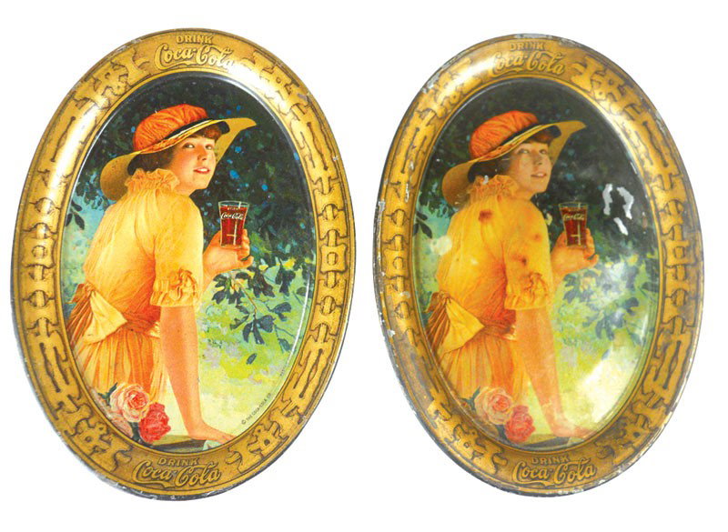 Coca-Cola tip trays (2), c.1916, litho on metal b: Coca-Cola tip trays (2), c.1916, litho on metal by Passaic Metal Ware Co.-Passaic, N.J., identical trays, one Fair to Good cond & other in VG+ cond, 6"H x 4.25"W.