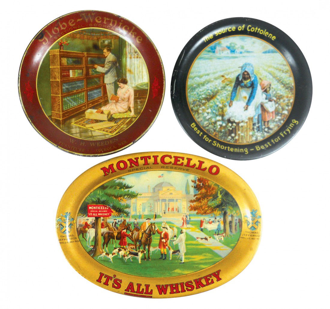 Advertising tip trays (3), Monticello Whiskey lit: Advertising tip trays (3), Monticello Whiskey litho by Charles Shonk Co.-Chicago, featuring Thomas Jefferson, Globe -Wernicke Bookcases from W. H. Weeden Furniture, Osceola, Neb w/colorful litho by Ch