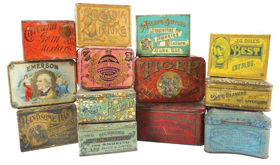 Tobacco tins (13), Bright Tiger, Emerson Poet Siz: Tobacco tins (13), Bright Tiger, Emerson Poet Size by Frank P. Lewis Cigar Co., Handsome Dan Mixture by L.L. Stoddard-New Haven, Conn, Falk Tobacco Co., Allen Ginter by American Tobacco Co.-Richmond, 