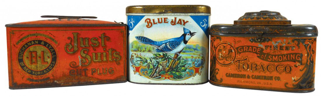 Tobacco tins (3), Blue Jay 5ó cigar tin w/hinged: Tobacco tins (3), Blue Jay 5ó cigar tin w/hinged lid made by Orrison Cigar Co.-Bethesda, OH, Just Suits cut plug tobacco tin w/hinged lid made by Buchanan & Lyall-NY & Finest Grade of Smoking Tobacco