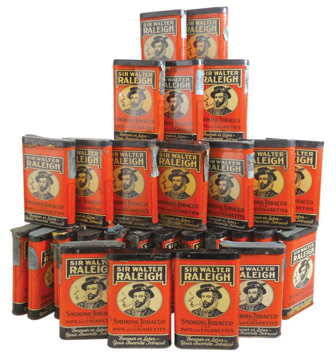 Sir Walter Raleigh tobacco tins (40), orange & bl: Sir Walter Raleigh tobacco tins (40), orange & black oval litho on metal pocket tins, one missing lid, o/wise all in VG cond, 4.5"H x 3"W.
