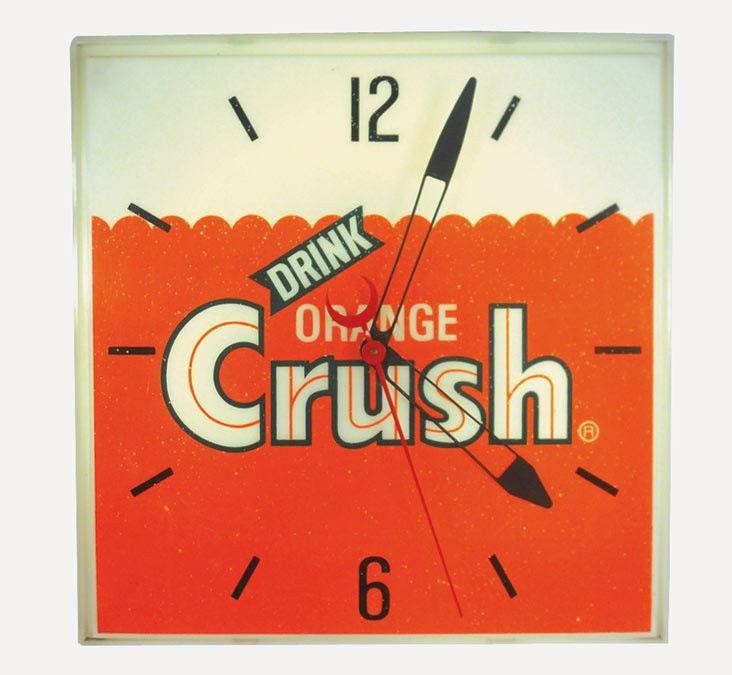 Soda fountain signs & clock (4), porcelain Fanta,: Soda fountain signs & clock (4), porcelain Fanta, c.1941 embossed Drink Squirt, Drink Orange Crush plastic light-up clock & Crush embossed metal sign, all Exc cond, clock is 16"Sq.