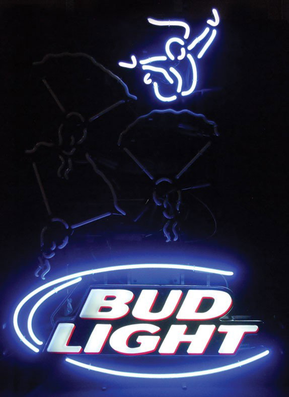 Neon sign, Bud Light, skydiving, animated, 2-color, blu: Neon sign, Bud Light, skydiving, animated, 2-color, blue/white, Exc working cond, 38"H x 29"W.