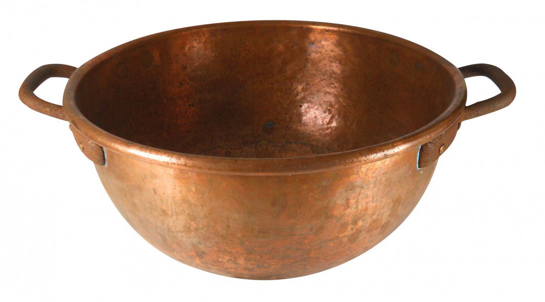Copper candy kettle, dovetailed construction, VG cond w: Copper candy kettle, dovetailed construction, VG cond w/orig patina, 12"H x 21"Dia.