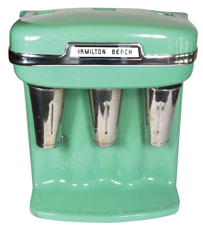 Hamilton Beach mint green 3-head malted milk machine, c: Hamilton Beach mint green 3-head malted milk machine, counter style w/instructions on back & 3 malted milk cups, Exc cond, 20"H x 14.5"W x 8.5"D.