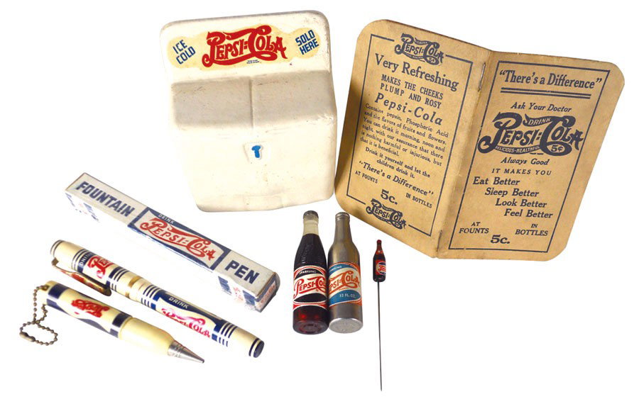 Pepsi-Cola smalls (8), 1940 composition Pepsi mini cool: Pepsi-Cola smalls (8), 1940 composition Pepsi mini cooler bank (sm hole drilled in bottom), 1914 notebook, 1940 fountain pen, 1940 fountain pen box, mechanical pencil on key chain, metal cigarette lig