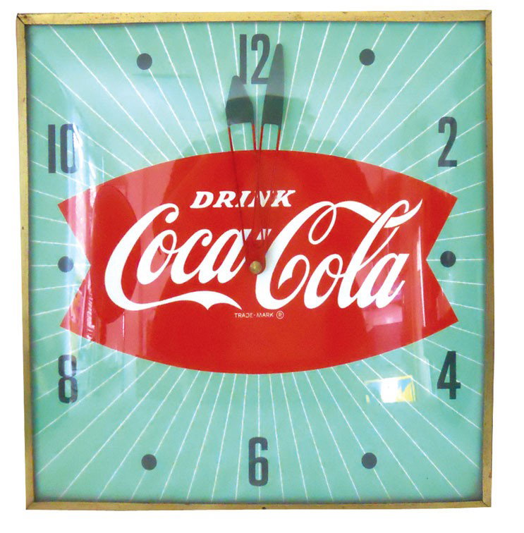 Coca Cola clock w/fishtail design, mfgd by Pam Clock Co: Coca-Cola clock w/fishtail design, mfgd by Pam Clock Co.-New Rochelle, NY, sq metal case w/bubble glass face, VG working cond, 15.5" Sq.