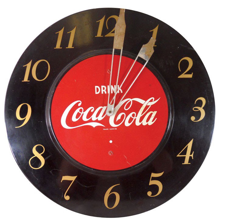 Coca Cola clock, open-face metal clock mfgd by American: Coca-Cola clock, open-face metal clock mfgd by American Time Corp, Springfield, MA, Jan 1951, paint loss some areas & somewhat noisy, o/wise VG working cond, 18"Dia.