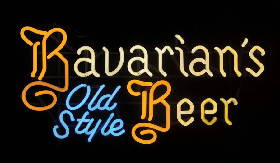 Neon sign, Bavarians Old Style Beer, 3-color, yellow/bl: Neon sign, Bavarian's Old Style Beer, 3-color, yellow/blue/red, a vintage sign in Exc working cond, 13"H x 26"W.