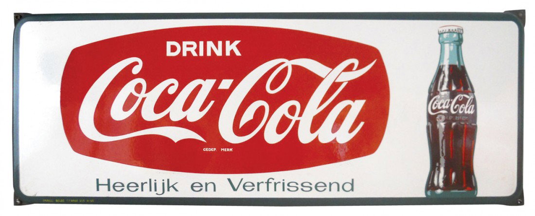 Coca-Cola embossed porcelain sign, "Drink Coca Cola Hee: Coca-Cola embossed porcelain sign, "Drink Coca-Cola Heerlijk en Verfrissend," c.1960, Exc cond, 12"H x 31.5"W.