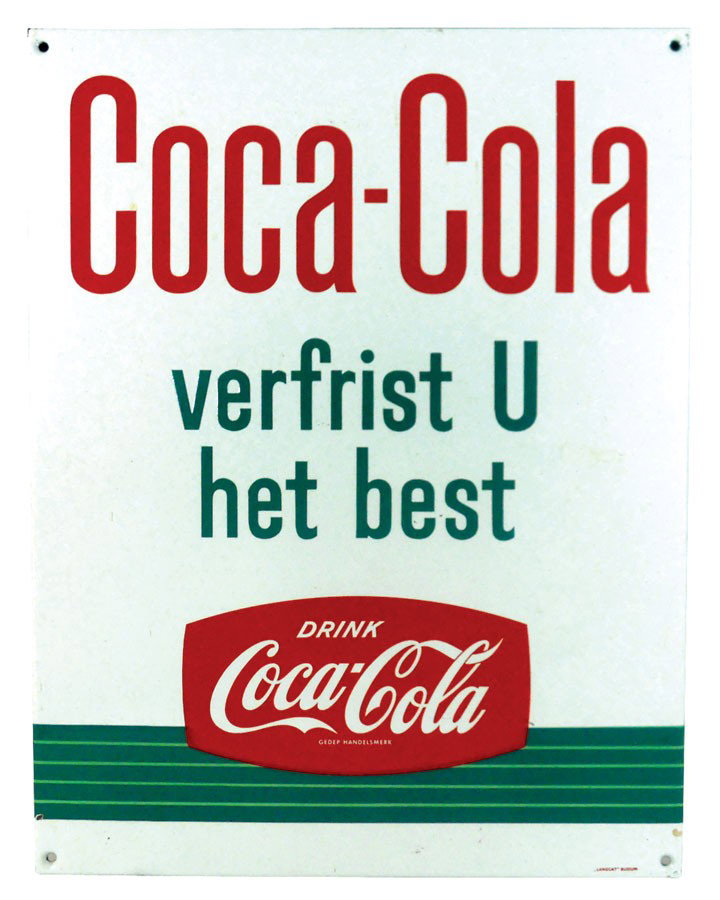 Coca-Cola embossed porcelain sign, "Drink Coca Cola ve: Coca-Cola embossed porcelain sign, "Drink Coca-Cola verfrist U het best," Exc cond, 23.5"H x 18"W.