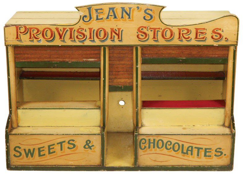 Candy counter display, Jean's Provision Stores Sweets &: Candy counter display, Jean's Provision Stores Sweets & Chocolates, painted wooden display w/tambour roll-up doors, interior shelves to display products, early 1900's, VG cond w/orig paint & a great l
