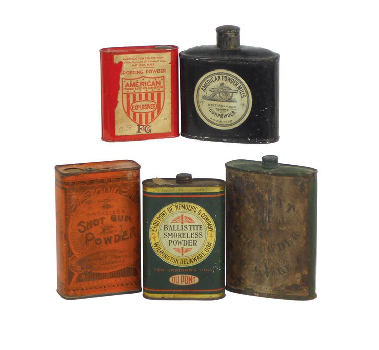 Ammunition powder tins (5), E.I. Du Pont De Nemours & C: Ammunition powder tins (5), E.I. Du Pont De Nemours & Company Ballistite shotgun powder oval w/partial paper label on top, American Powder Mills gunpowder oval, American "E.C." Powder Co. rectangular 