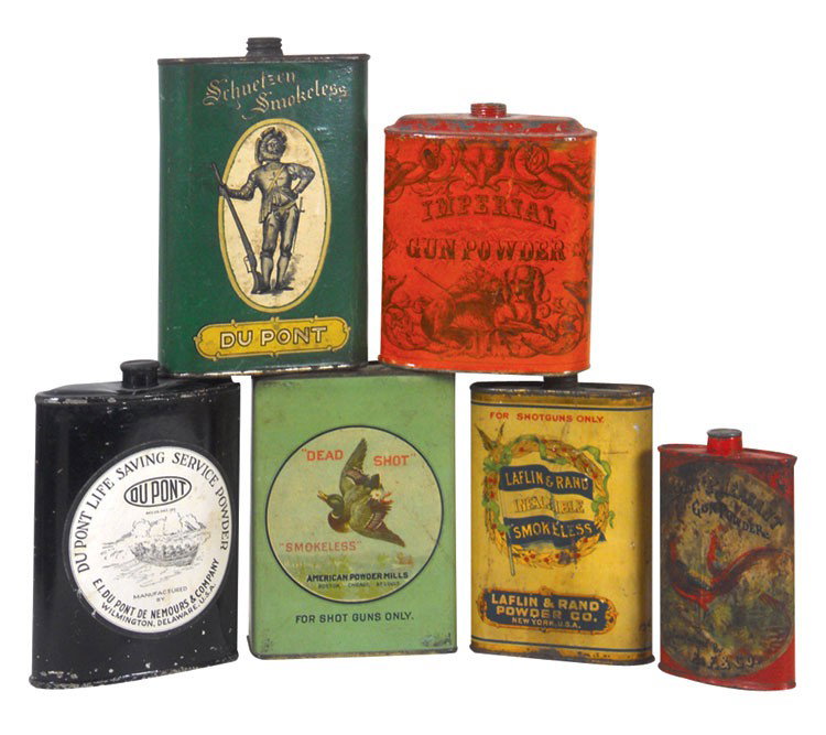 Ammunition powder tins (6), E.I. Du Pont De Nemours & C: Ammunition powder tins (6), E.I. Du Pont De Nemours & Company Life Saving Service Powder oval w/paper labels front & back, Schuetzen oval w/paper label, Laflin & Rand Powder Co. Infallible for Shotgun