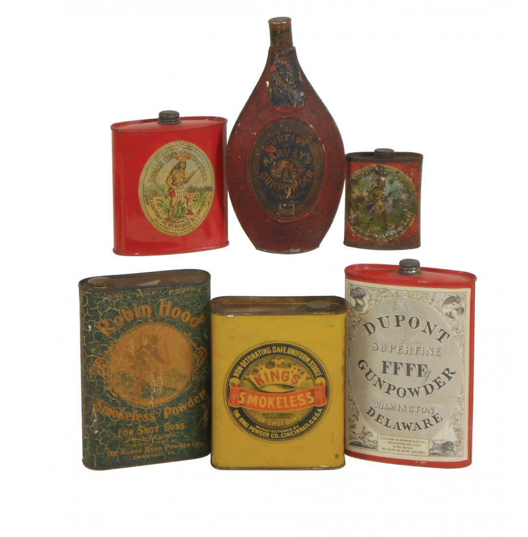 Ammunition powder tins (6), Curtis's & Harvey's flask w: Ammunition powder tins (6), Curtis's & Harvey's flask w/paper labels (portions of back label missing), E.I. Du Pont De Nemours & Co., Inc. oval DuPont Superfine FFFF Gunpowder w/black & white paper la