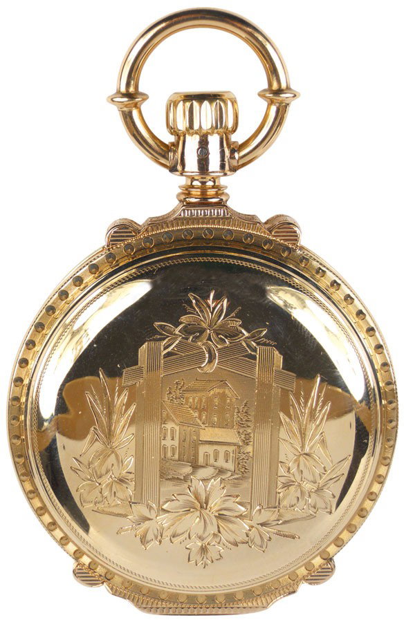Watch, Elgin 14K solid gold, Hunter, box case w/fancy e: Watch, Elgin 14K solid gold, Hunter, box case w/fancy engraving, 18 size, lever set, one of the finest we've seen, Exc cond.