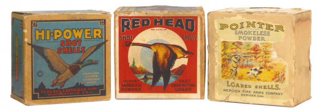Ammunition boxes (3), Federal Cartridge Corp. Hi-Power : Ammunition boxes (3), Federal Cartridge Corp. Hi-Power 12 ga. shot shells (16 shells in box), Montgomery Ward & Co. Red Head 12 ga. shot shells (empty) & Meridian Fire Arms Co. Pointer 12 ga. shells (