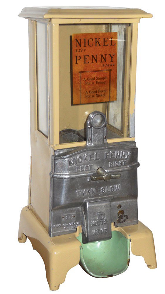 Coin-operated gumball vendor, Brice Williams, cream & g: Coin-operated gumball vendor, Brice Williams, cream & green penny-nickel, cast iron base w/porcelain tray, paper decal, c.1921, VG cond, 18.5"H x 8"W.