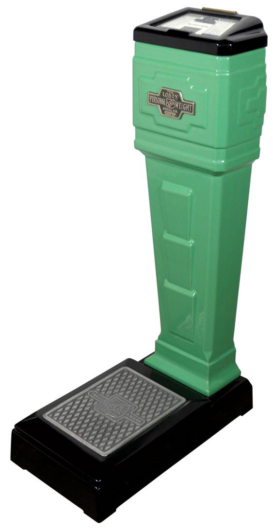 Coin-operated Rockola lobby 1 Cent scale, Rare short ve: Coin-operated Rockola lobby 1 Cent scale, Rare short version, green porcelain, Exc working cond, 33.5"H.
