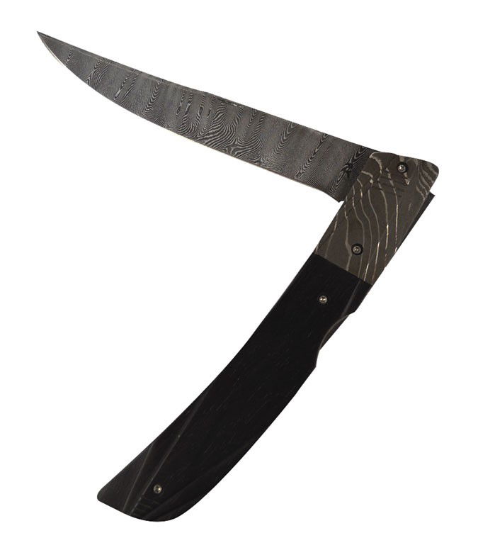 Pocket knife, lockback folder, bench made by the award-: Pocket knife, lockback folder, bench made by the award-winning Ralph Turnbull from Rockford, IL, Ealy damascus blade & bolsters, filed African Blackwood scales w/titanium liners, a beautiful knife in