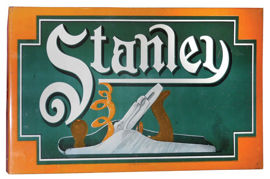 Stanley Plane 2-sided litho on metal flange sign, by NY: Stanley Plane 2-sided litho on metal flange sign, by NY Metal Ceiling Co.-NY, pictures the Stanley plane, c.1920, Exc cond on both sides, 9.25"H x 18.5"W.