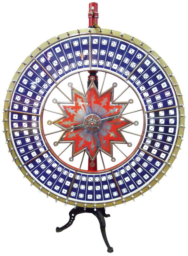 Gambling wheel, Evans dice wheel on orig floor stand, r: Gambling wheel, Evans dice wheel on orig floor stand, reverse painted glass, c.1930's, a beautiful wheel in Exc restored cond, 82"H x 61"Dia.