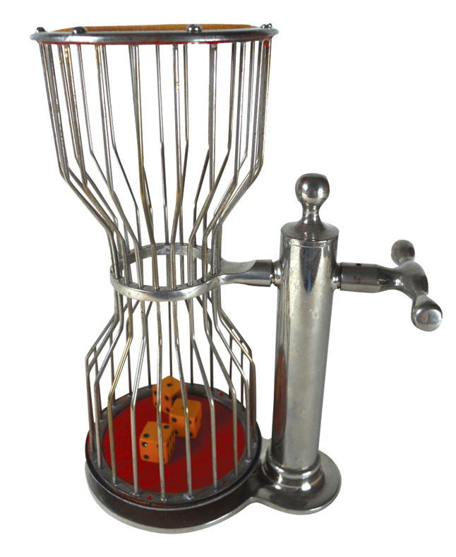 Gambling, Chuck-A-Luck cage, heavy stainless steel w/3 : Gambling, Chuck-A-Luck cage, heavy stainless steel w/3 large celluloid dice, Exc orig cond, 10"H x 6"W.