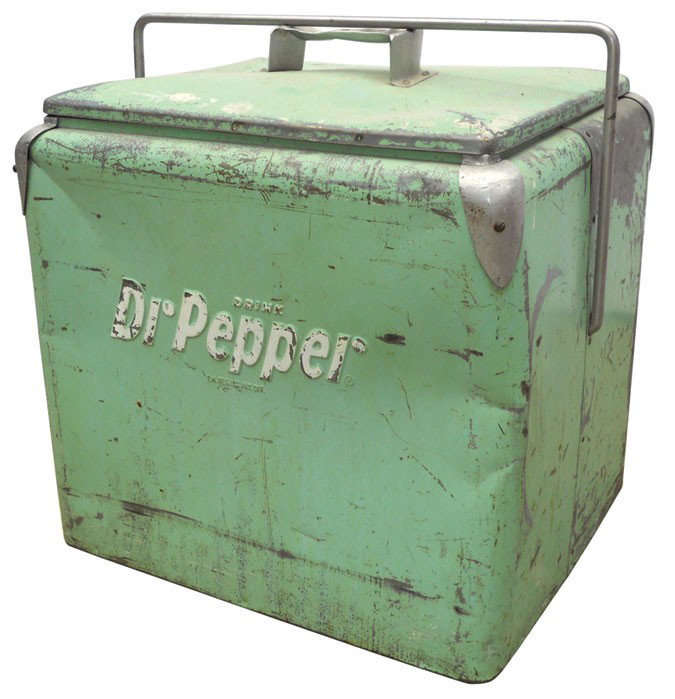 Dr. Pepper picnic cooler, embossed metal w/Drink Dr. Pe: Dr. Pepper picnic cooler, embossed metal w/Drink Dr. Pepper on both front & back, pale green, bottle opener on side, by Progress Refrigerator Co.-Louisville, missing drain cap, Good cond w/paint loss 