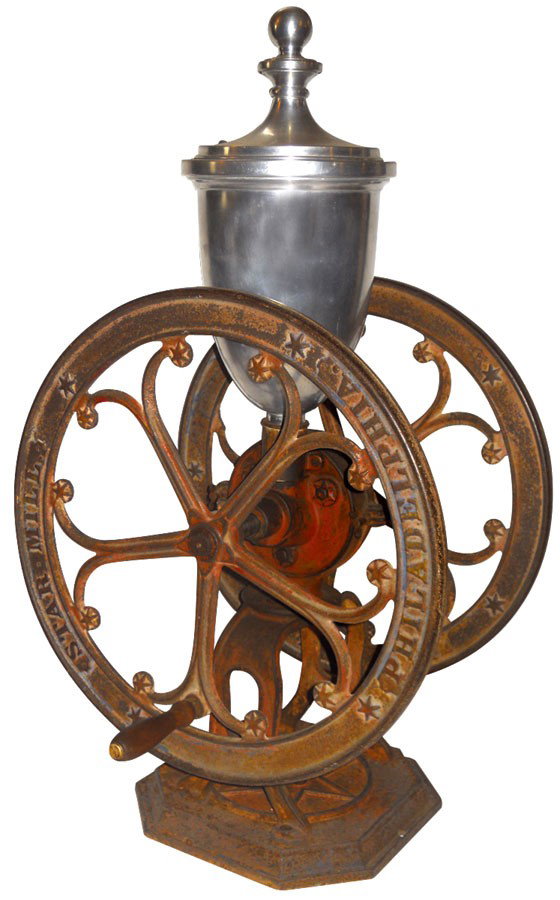 Coffee grinder, Star Mill #8, cast iron w/replaced hopp: Coffee grinder, Star Mill #8, cast iron w/replaced hopper, VG cond, 35"H w/20"Dia wheel.