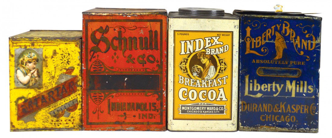 Country store tins (4), Index Brand Breakfast Cocoa by : Country store tins (4), Index Brand Breakfast Cocoa by Montgomery Ward & Co., Liberty Brand, Durand & Kasper Co. (tin has front slot for changing spice names), Schnull & Co.- Ind. & Cr Tartar box w/gi