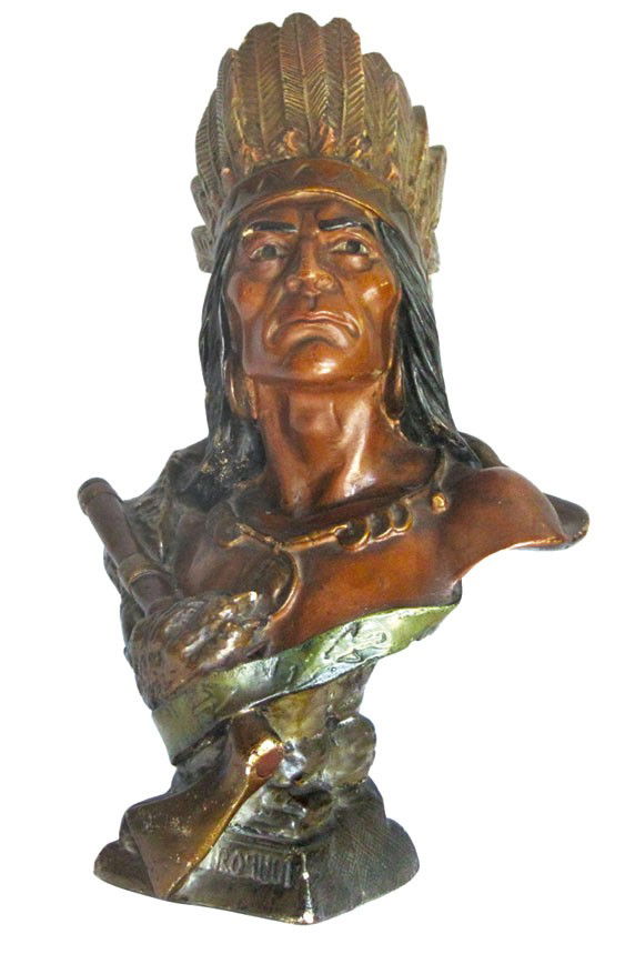Cigar store Indian Chief bust, "Ruquoi", painted plaste: Cigar store Indian Chief bust, "Ruquoi", painted plaster, Good cond w/slight paint loss, 22"H.