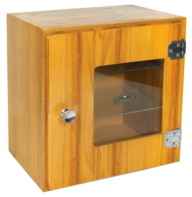 Barber shop Sterilizer back bar cabinet, pine, Exc orig: Barber shop Sterilizer back bar cabinet, pine, Exc orig cond, 12"H x 12"W.