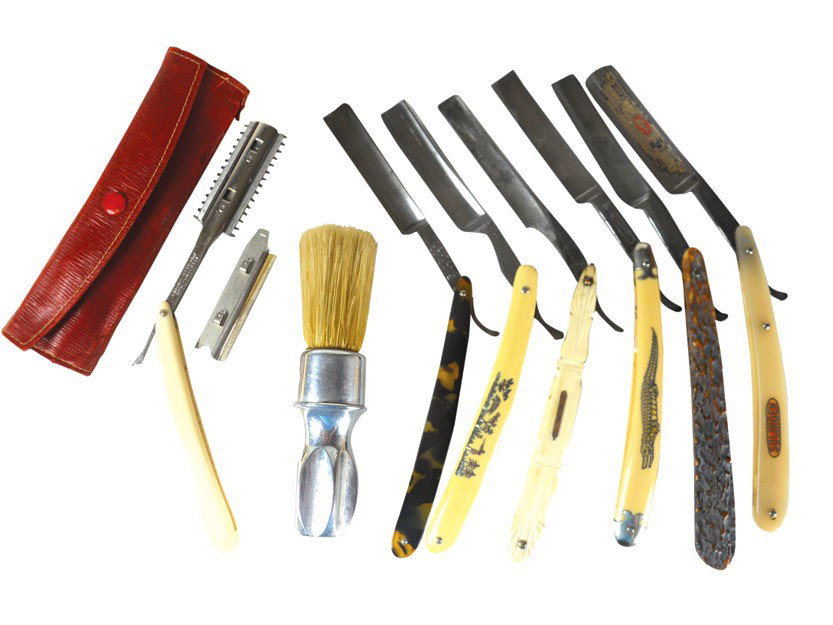 Straight razors (7) & shaving brush, ivory razor w/blad: Straight razors (7) & shaving brush, ivory razor w/blade marked Sheffield Razor Co. (2 cracks on end), celluloid w/silver alligator insert & blade marked Comfort-Germany, celluloid razor w/silver hunt