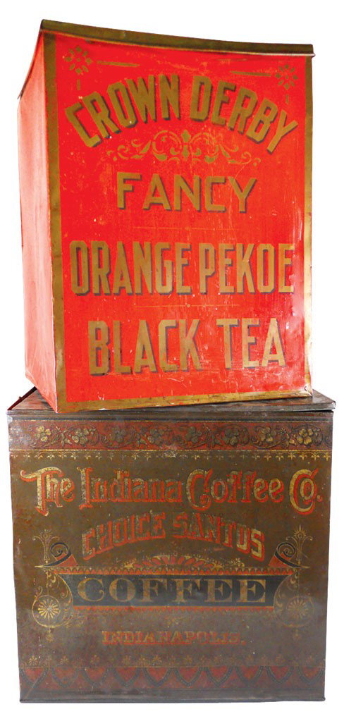 Country store bulk tins (2), The Indiana Coffee Co. Cho: Country store bulk tins (2), The Indiana Coffee Co. Choice Santos Coffee-Indianapolis (lid no longer attaches) & Crown Derby Fancy Orange Pekoe Black Tea, VG cond, tea tin 19.25"H x 15"W x 15.25"D.