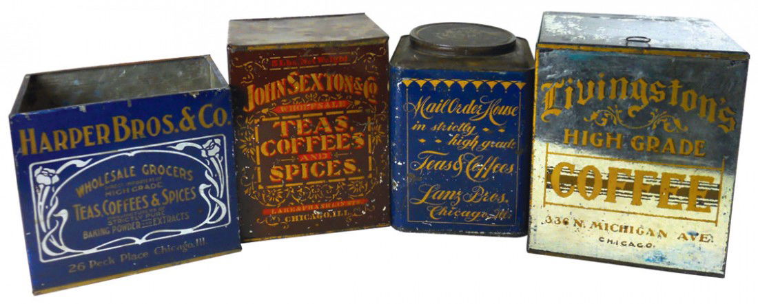 Country store bulk tins (4), Lanz Bros Mail Order House: Country store bulk tins (4), Lanz Bros Mail Order House Teas & Coffees-Chicago, Livingston's Coffee-Chicago, John Sexton & Co. Teas, Coffees and Spices-Chicago & Harper Bros. & Co. Wholesale Grocers (