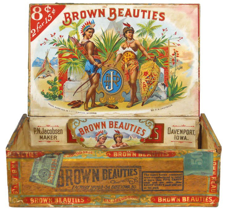 Cigar boxes (2), Brown Beauties, mfgd by P.N. Jacobsen-: Cigar boxes (2), Brown Beauties, mfgd by P.N. Jacobsen-Davenport, IA & Old Virginia Cheroots, mfgd by The American Tobacco Co., VG & Good cond, largest is 4.5"H x 12.5"W x 7"D.