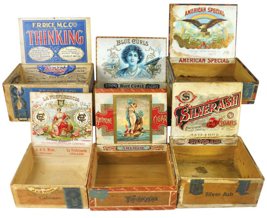 Cigar boxes (6), F.R. Rice M.C. Co's Thinking, Silver A: Cigar boxes (6), F.R. Rice M.C. Co's Thinking, Silver Ash, "Amymone, After the Painting by Felix H. Giacomotti, 1854", American Special Invincibles, Havana American Co. La Preferencia & Allphonse Feng