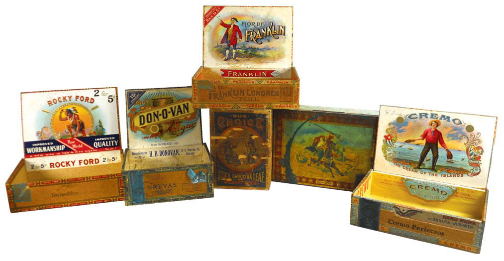 Cigar boxes (6), Ben Bay (metal), Our Choice Select Old: Cigar boxes (6), Ben Bay (metal), Our Choice Select Old North Carolina Leaf by Weissert Bros., Cremo Handmade Cremo Perfectos, Don-O-Van Brevas, Rocky Ford Invincibles & Flor de Franklin Londres w/Ben