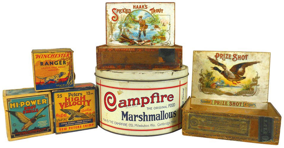 Cigar boxes, ammunition boxes, etc. (6), Speckled Trout: Cigar boxes, ammunition boxes, etc. (6), Speckled Trout cigar box (lid not attached), Prize Shot cigar box (c.1901), Peters High Velocity 12 ga. shells (full), Winchester Ranger 20 ga. shells, Federal