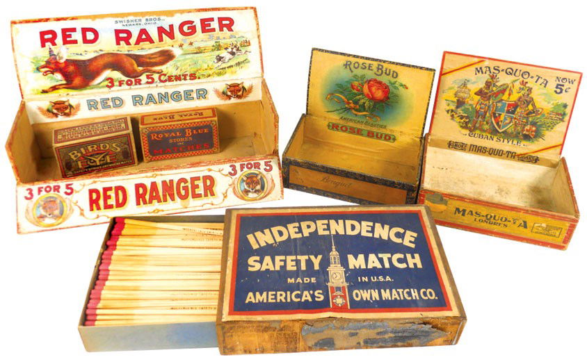 Cigar & match boxes (6), Independence Safety Match wood: Cigar & match boxes (6), Independence Safety Match wood box w/paper label & pull out drawer, Red Ranger flip-down cigar box (top lid is warped), 2 cdbd match boxes & Rose Bud & Mas-Quo-Ta cigar boxes,