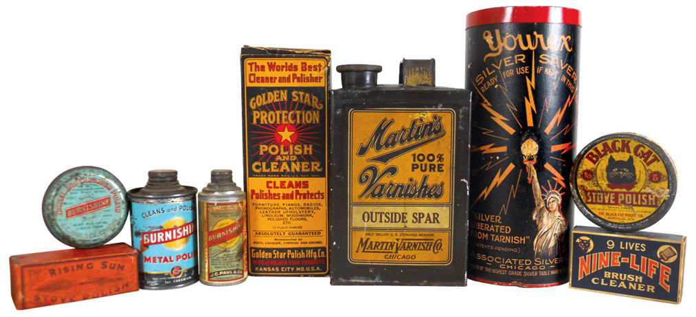 Country store shelf stock (7), Martin's Outside Spar va: Country store shelf stock, Martin's Outside Spar varnish (full), Golden Star Polish and Cleaner (full), Yourex cdbd canister, 2 Burnishine Metal Polish, Burnishine Nickel & Chromium Polish, The Rising