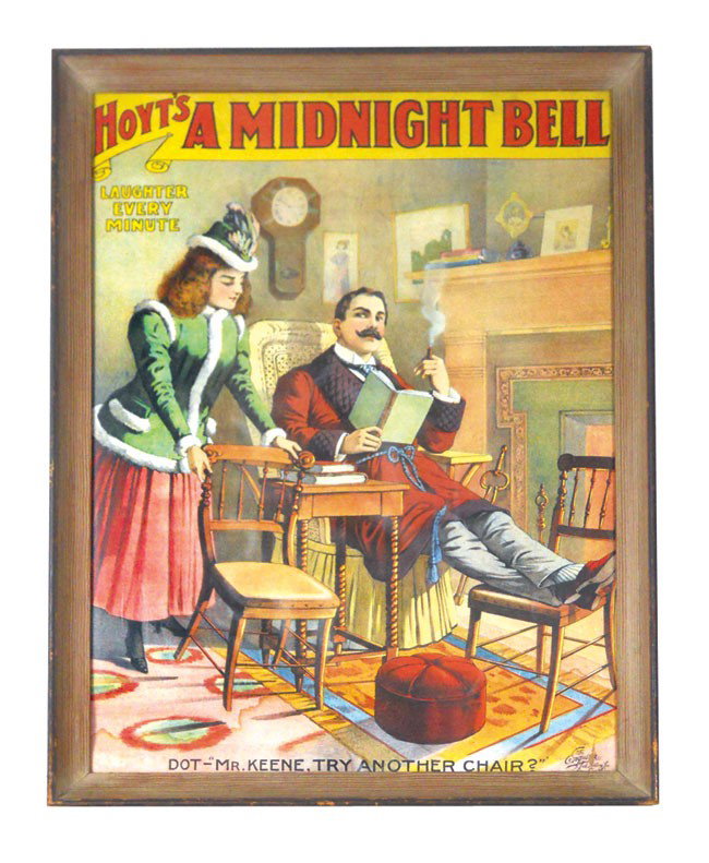 Stage play broadside, Hoyt's "A Midnight Bell", shows M: Stage play broadside, Hoyt's "A Midnight Bell", shows Mr. Keene & Dot by fireplace, a humorous play, colorful litho on paper by the Enquirer Job Printing Co.-Cinc., VG cond w/some stain on carpet, fra