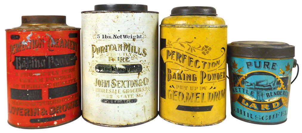 Country store tins (4), Pure Kettle Rendered Lard pail : Country store tins (4), Pure Kettle Rendered Lard pail by G. Hirschfeld, Perfection Baking Powder by Geo. Meldrum (paper label on bottom of can), Perfection Creamery Baking Powder mfg by Loverin & Bro