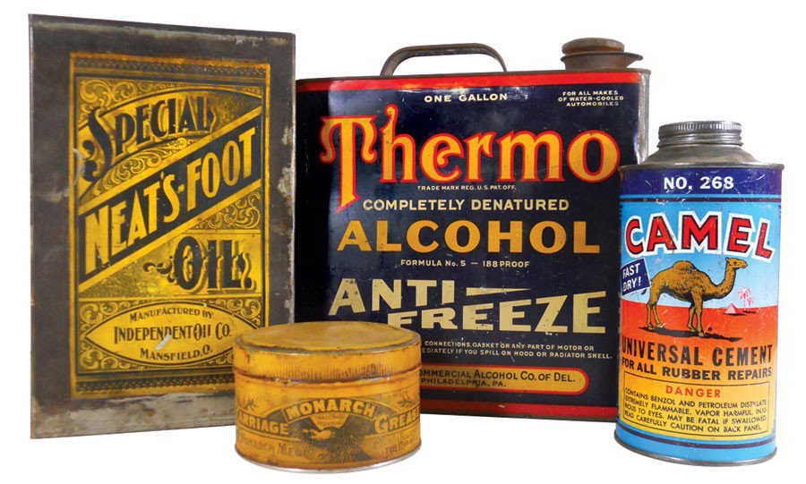 Country store tins (4), Special Neat's-Foot Oil mfgd by: Country store tins (4), Special Neat's-Foot Oil mfgd by Independent Oil Co.-Mansfield, O, Thermo Anti-Freeze mfgd by Publicker Commercial Alcohol Co. of Del.-Phila., Camel Universal Cement mfgd by H. 